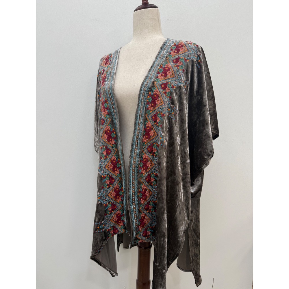 Velvet Kimono S/M Grey Embroidered Open Front Wrap